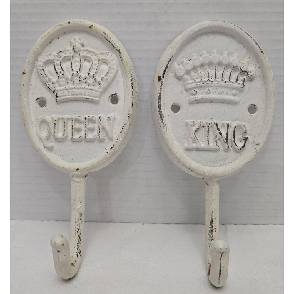 Vtg Style King & Queen Cast Iron Wall Hooks Set/2 White Shabby Chic Crown Hanger